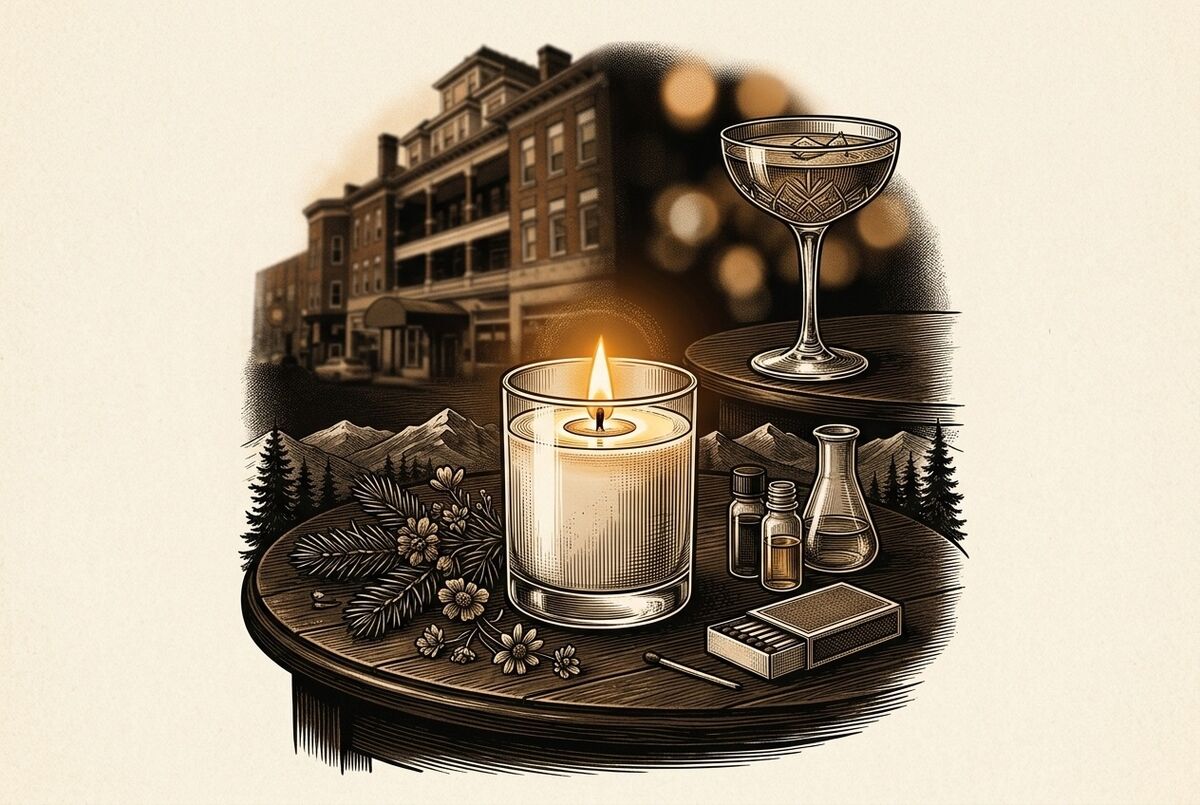 Etched illustration of a lit candle, coupe cocktail, and matchbox on a round bar table