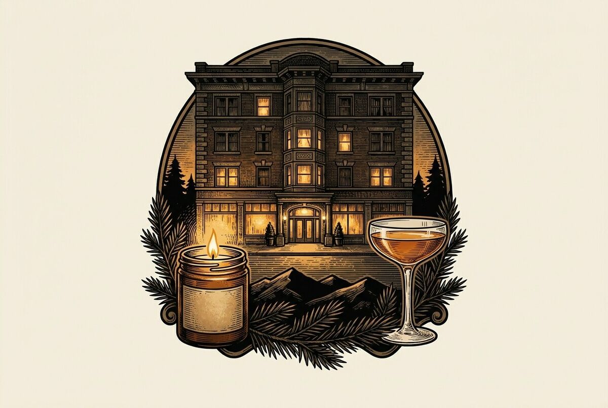 Crest illustration of the Hotel Gunter framed by pine sprigs, a candle, and a coupe