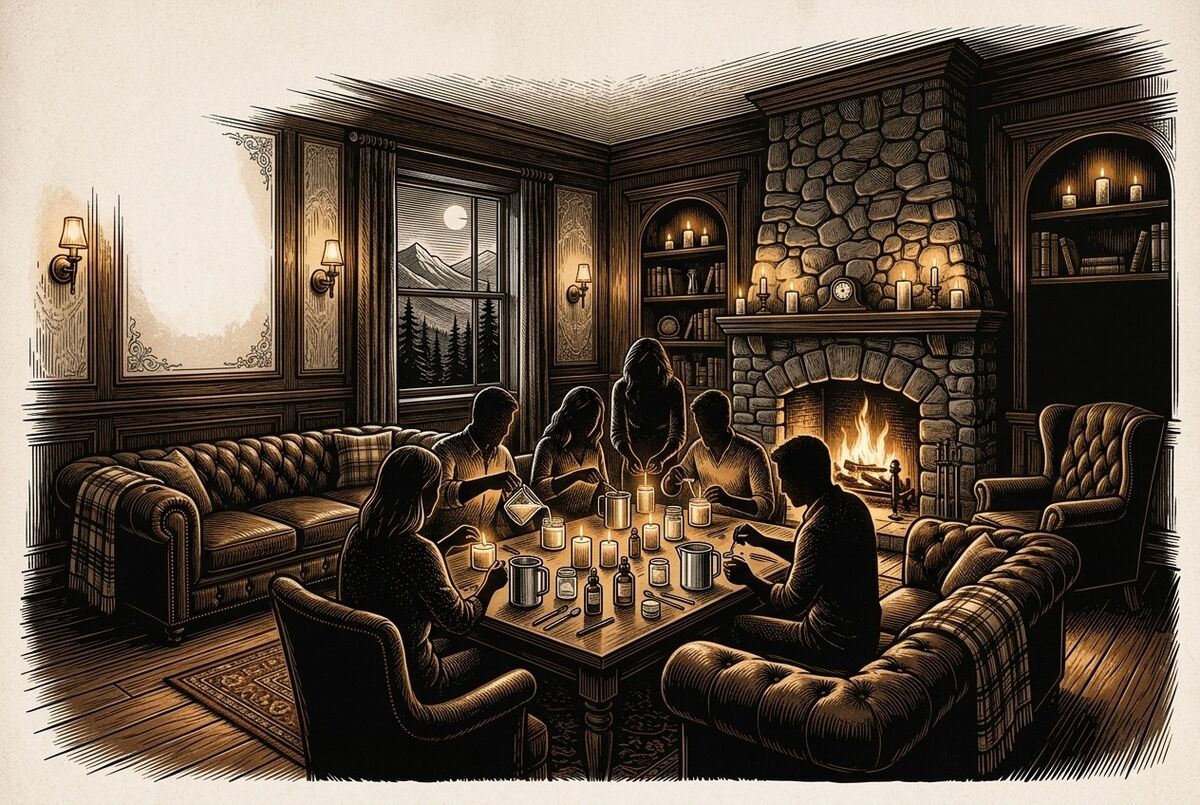 Engraved illustration of friends pouring candles together around a fireside table