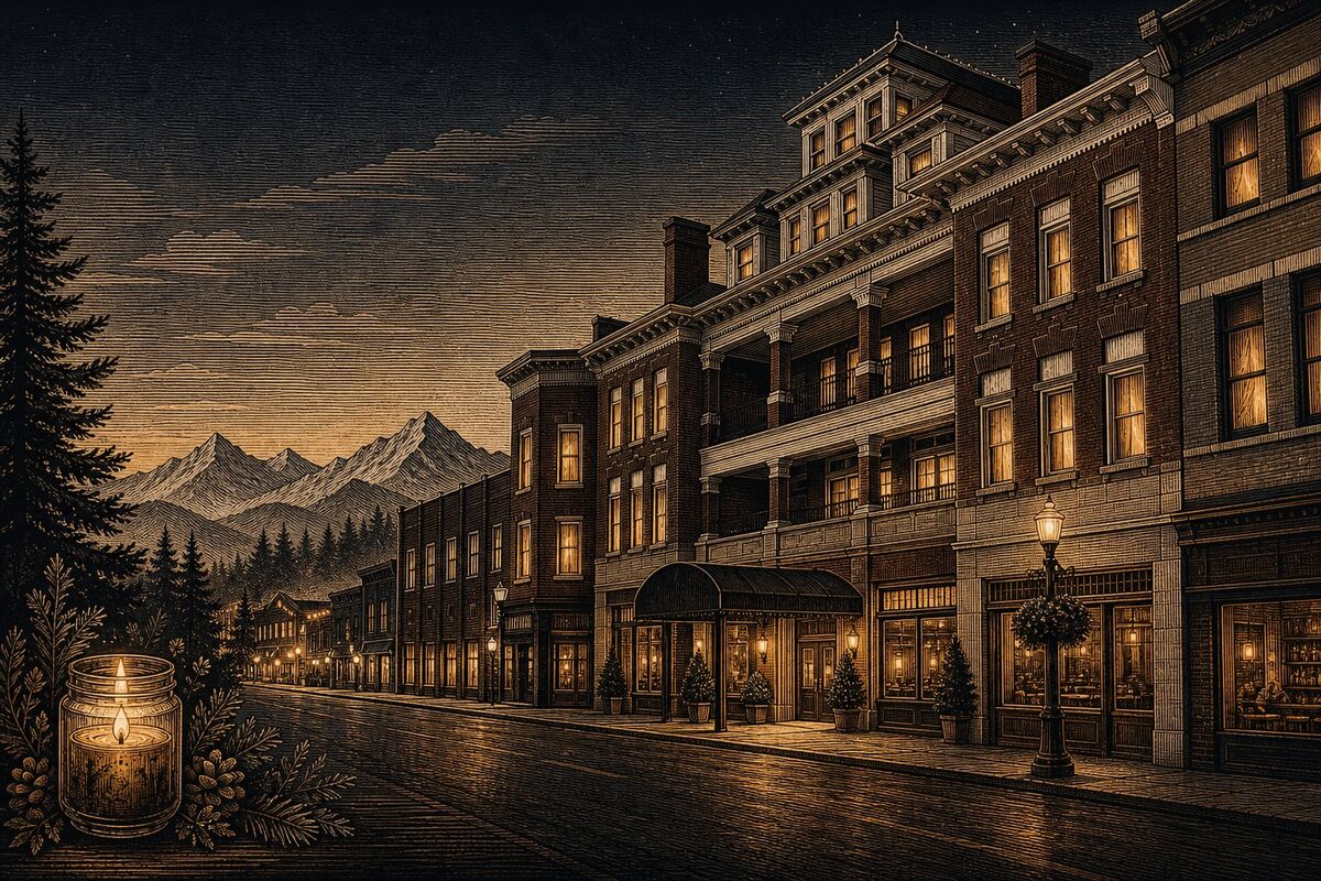 Engraved illustration of the Hotel Gunter block at dusk, windows glowing over Main Street