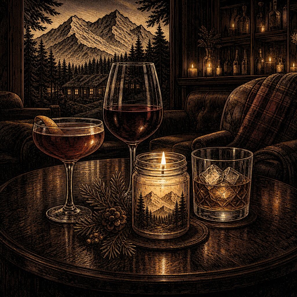 Engraved illustration of two drinks and a mountain-label candle jar on a lounge table