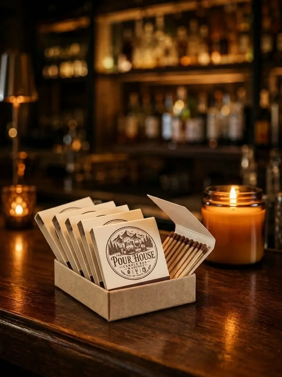 Boxed set of letterpressed Pour House matchbooks beside a lit candle