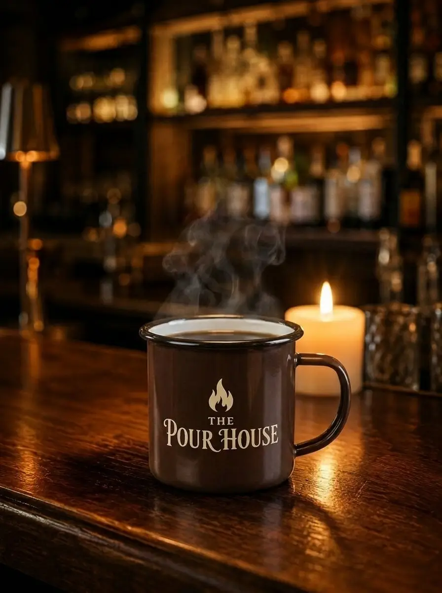 Espresso enamel Pour House mug steaming on the bar