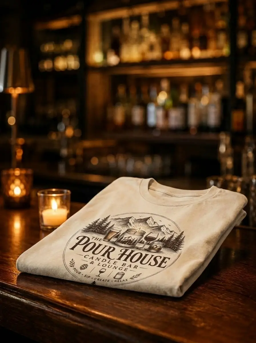 The Pour House tee folded on the bar, emblem printed on the chest