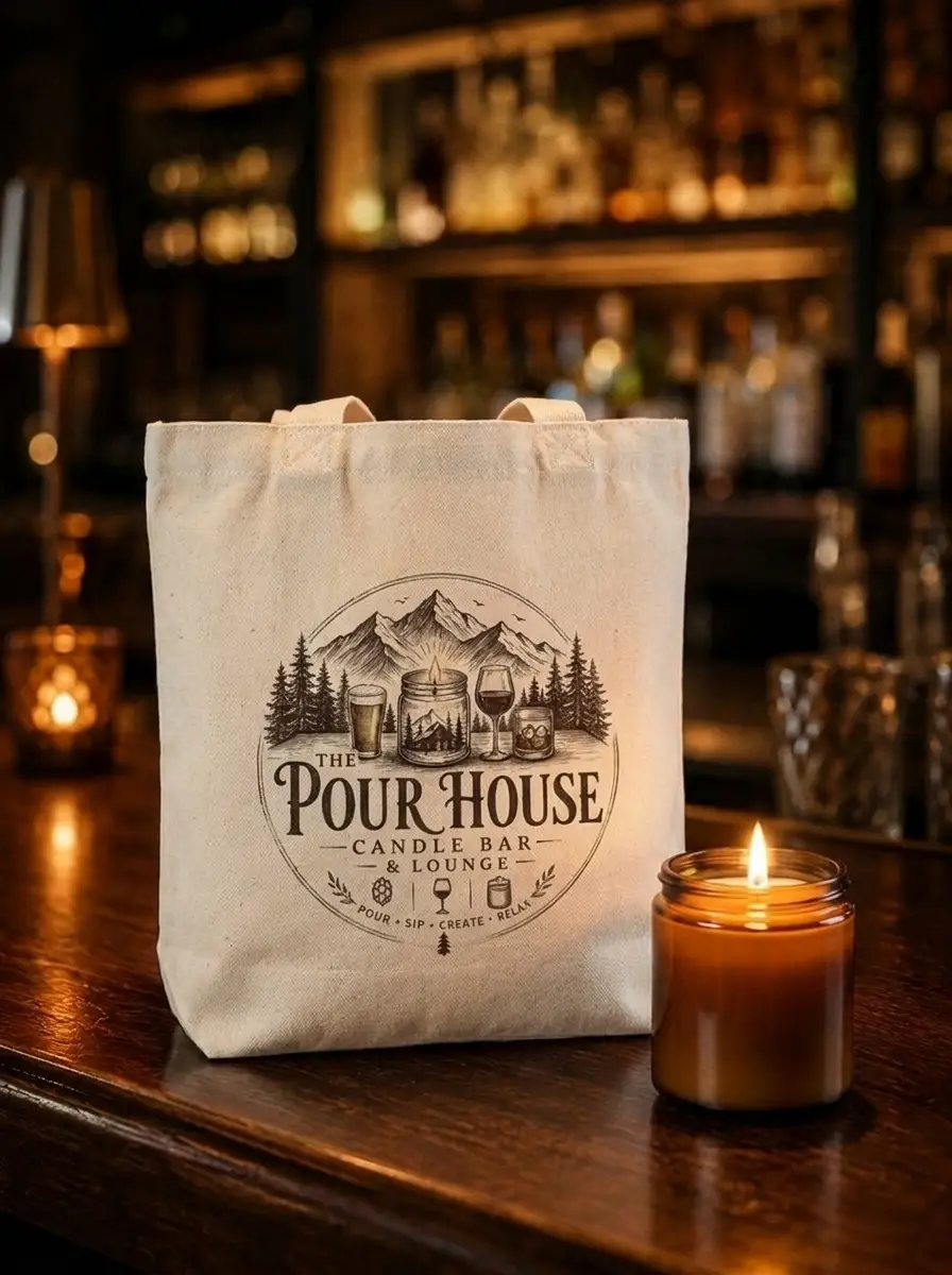 Canvas Pour House market tote standing on the bar beside an amber candle