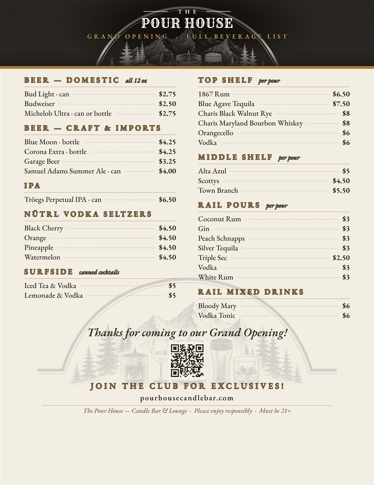 Back of the Pour House menu: the full beverage list — beer, seltzers, canned cocktails, and the whiskey and spirits shelves