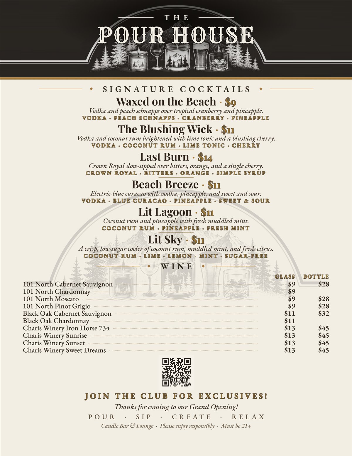 Front of the Pour House menu: six signature cocktails and the wine list beneath the engraved mountain emblem